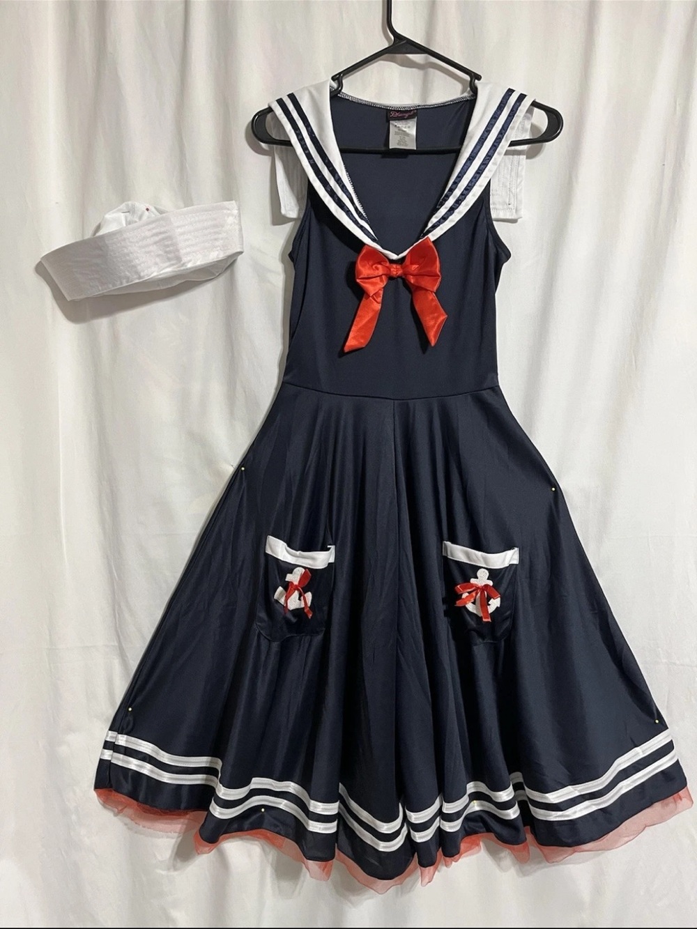 Dreamgirl Navy and White Sailor Midi Dress with Red Bow Accent
